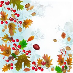 Obraz premium Autumn background leaves oak, cherry acorns and berries on white , anime style