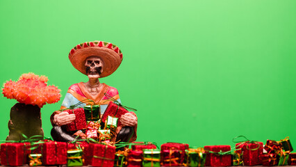 Latino Christmas. Skeleton dressed in Spanish clothing holding Christmas presents.