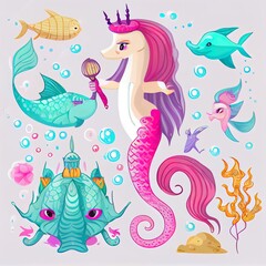 Obraz na płótnie Canvas Sea cartoon unicorn. Mermaid character, fish and seahorse. Cartoon cat with mermaids tail, underwater turtle and creature. Mythical nowaday 2d illustrated sea kit