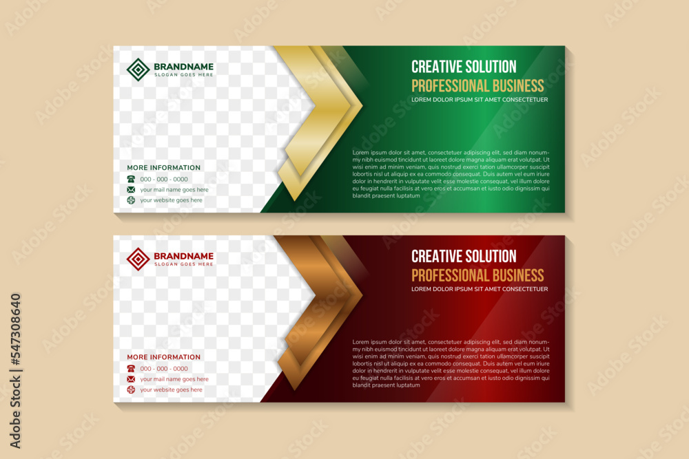 Poster templates of green and red gradient vector horizontal web banners with arrows and a place for a phot