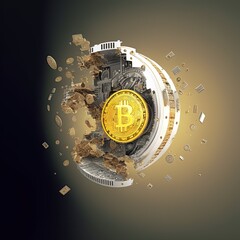 Bitcoin explodes as a clock, spreading broken pieces and gears. Concept bearish scenario on Bitcoin price and exploded crypto bubble. Concept of attack on the cryptocurrency market and regulation. - obrazy, fototapety, plakaty