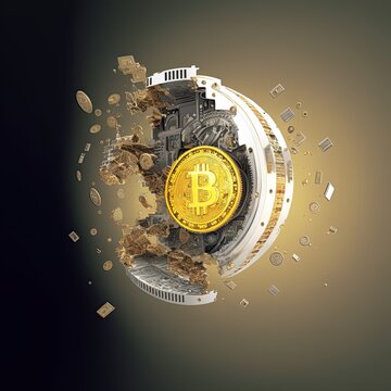 Bitcoin explodes as a clock, spreading broken pieces and gears. Concept bearish scenario on Bitcoin price and exploded crypto bubble. Concept of attack on the cryptocurrency market and regulation.