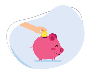 hand keeping gold coin in piggy bank. investment and finance concept