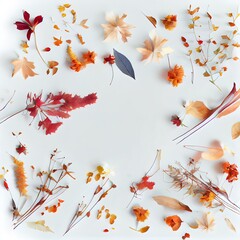 Naklejka na ściany i meble Autumn creative set of dry plants fallen autumn leaves, dried flowers and petals, simple rustic branches White background with copy space for text Top view Flat lay , anime style