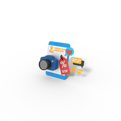 3d illustration of discount camera sell in phone