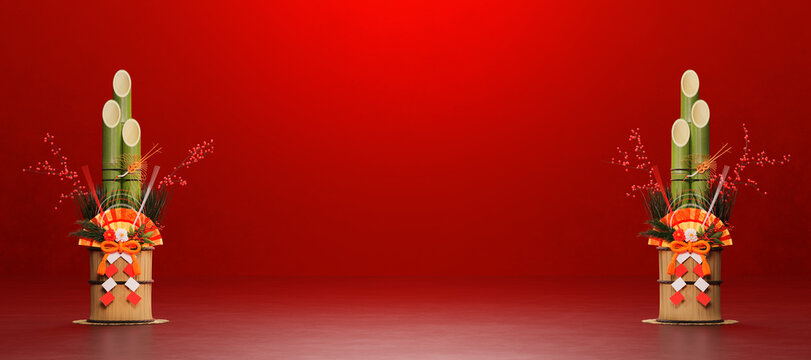 赤い背景に置かれたペアの門松 / コピースペースのあるお正月・年賀状・新春の背景イメージ / 3Dレンダリング