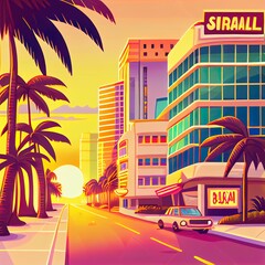 Street in Miami with hotels, sand beach and palm trees. 2d illustrated cartoon tropical landscape with buildings in resort city at sunset. Summer cityscape with empty road and rescue tower on sea