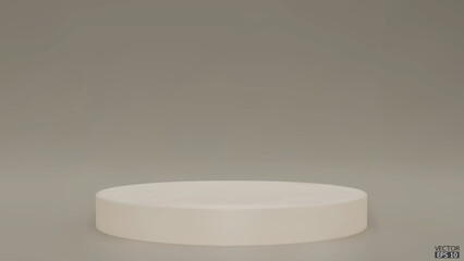 Shiny Beige color round pedestal  on studio  backdrops. Ivory  Blank display or clean room for showing product. Minimalist mockup for podium display or showcase. 3D vector illustration.