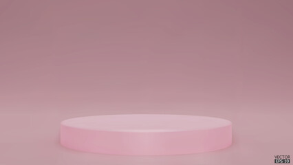 Shiny pink color round pedestal on studio backdrops. Pink Blank display or clean room for showing product. Minimalist mockup for podium display or showcase. 3D vector illustration.