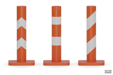 3d traffic poles with white and orange stripes isolated on white background. Construction pole icon. Single orange traffic warning pole. Under construction, and maintenance. 3D vector illustration.