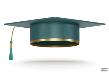 3D realistic green Graduation university or college cap isolated on white background. Graduate college, high school, Academic. Green Hat for degree ceremony. 3D vector illustration.