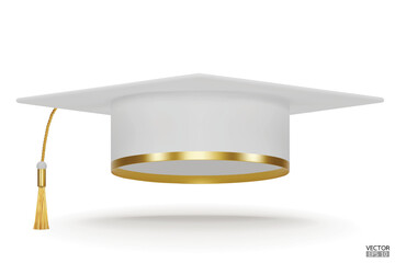 3D realistic Graduation university or college white cap isolated on white background. Graduate college, high school, Academic, or university cap. Hat for degree ceremony. 3D vector illustration.