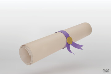 Diploma, close up of paper scroll with purple ribbon isolated on white background. Graduation Degree Scroll with Medal. Education certificate graduation scroll icon.  3D vector illustration.