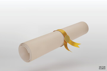 Diploma, close up of paper scroll with yellow ribbon isolated on white background. Graduation Degree Scroll with Medal. Education certificate graduation scroll icon.  3D vector illustration.
