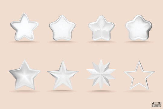 Premium Set of white 3d stars icons for apps, products, websites, and mobile applications. Cute cartoon white stars quality rating isolated on beige background. 3D vector illustration.