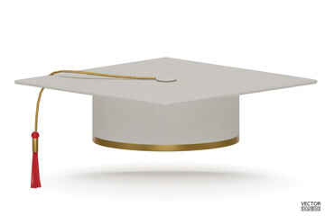 3D realistic Graduation university or college white cap isolated on white background. Graduate college, high school, Academic, or university cap. Hat for degree ceremony. 3D vector illustration.