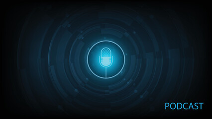 Podcast, Internet digital recording concept. Podcast logo, Mic icon special and Sound wave rhythm on dark blue background.