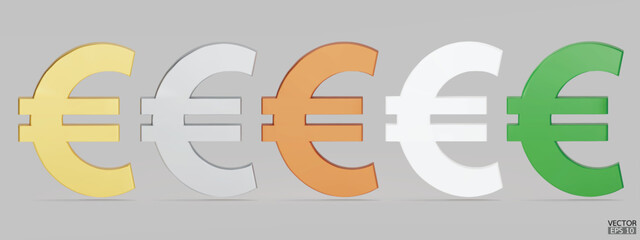 Set of 3D Euro symbol isolated on white background. Golden, silver, copper, white and green 3D Euro Currency Icon. Euro symbol for your web site design, logo, app, UI. 3D vector illustration.