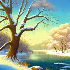 Forest river on a warm, sunny winter day. A large tree stands near the river. winter nature