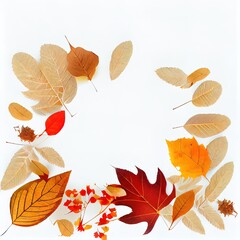 Fototapeta na wymiar Autumn composition Dried leaves on white background Autumn, fall, thanksgiving day concept Flat lay, top view, copy space , anime style