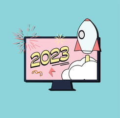 Computer illustration celebrating 2023 with a rocket indicating success