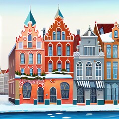 Architecture Of Color Houses On Bruges Embankment In Winter In Yoshkar Ola, Russia.