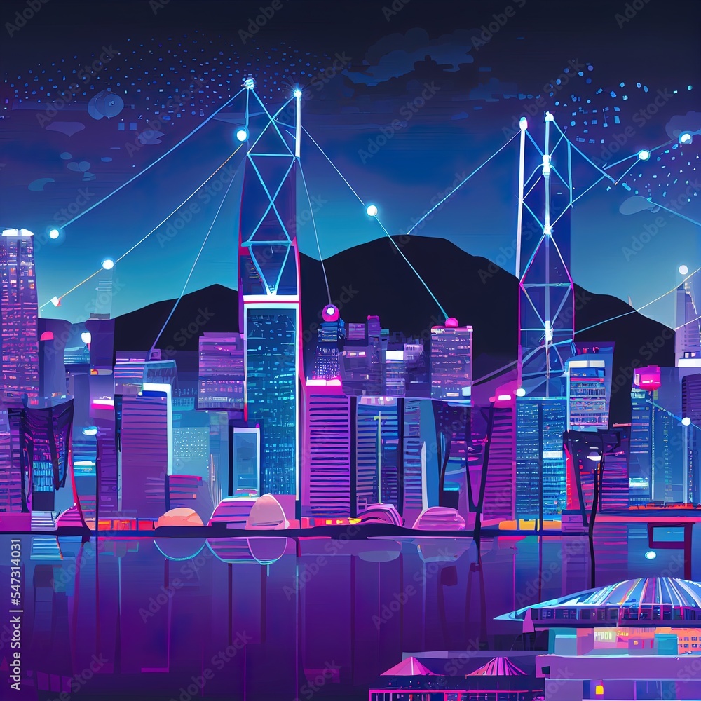Poster smart network and connection technology concept with hong kong city background at night in victoria 