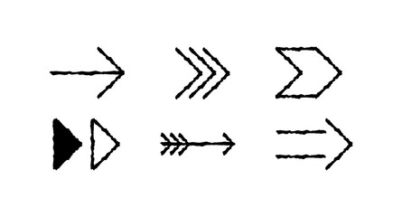 Basic arrow icon set from rough jagged edged black lines, PNG transparent background