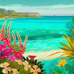 Fototapeta na wymiar Illustration of a sea landscape or a Bay of turquoise sea, bright flowers and palm branches in the foreground