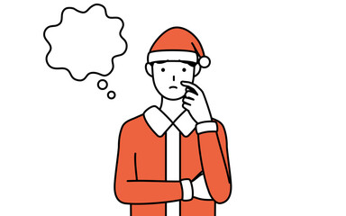 顔をかきながら考えるサンタクロース姿の男性