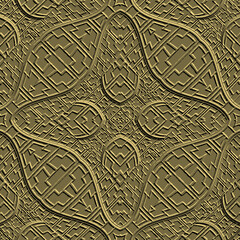 Floral emboss lines 3d seamless pattern. Ornamental embossed gold background. Abstract beautiful line art textured ornaments. Grunge lines flowers. Repeat surface backdrop. Endless relief texture