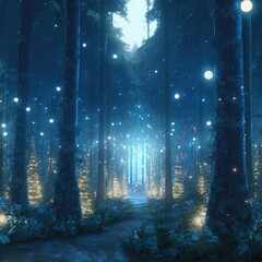 Obraz premium Glowing Christmas tree outdoors at night. Illustration about Christmas. Made by AI.