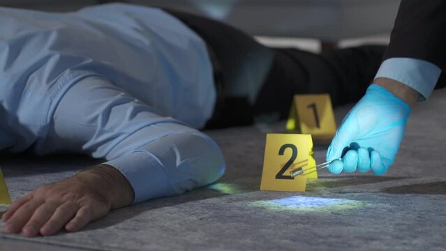 Forensic expert examining shell casing with tweezers at crime scene investigation.
Police using a magnifying glass to examine the casings of the bullet that killed the corpse.
