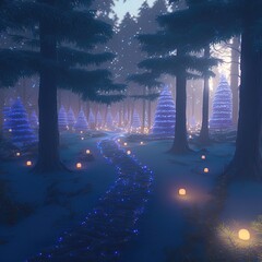 Glowing Christmas tree outdoors at night. Illustration about Christmas. Made by AI.
