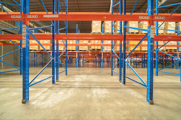 Fototapeta na wymiar Interior of large warehouse retail store industry. Rack of furniture and home accessories stock storage. Interior of cargo in ecommerce and logistic concept. Depot