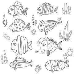 Set with fish on white background. Doodle style.