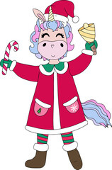 Cute Christmas cartoon unicorn, vector illustration