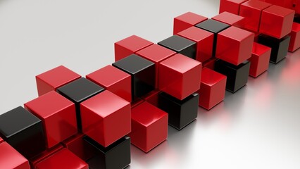 3d Black and red Cubes Lined Up  On A White Background