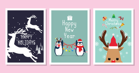 Winter penguins cartoon characters, Merry Christmas illustrations of cute penguins greeting cards with accessories like a knitted hats, sweaters, scarfs.