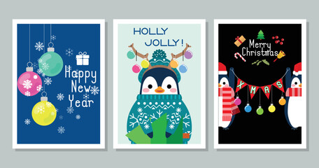 Winter penguins cartoon characters, Merry Christmas illustrations of cute penguins greeting cards with accessories like a knitted hats, sweaters, scarfs.