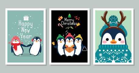 Winter penguins cartoon characters, Merry Christmas illustrations of cute penguins greeting cards with accessories like a knitted hats, sweaters, scarfs. © laias