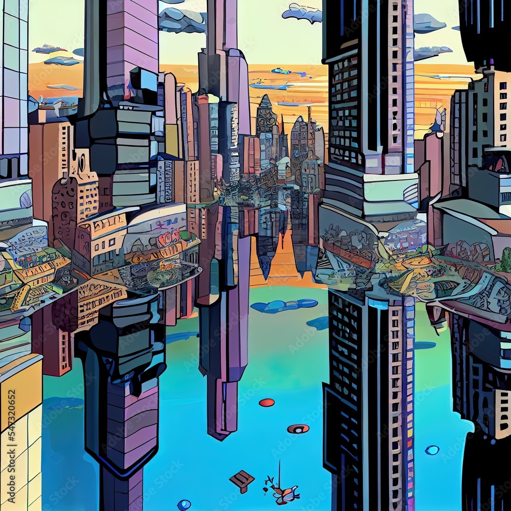 Poster panoramic view of a megalopolis with reflection. square