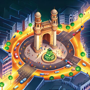 Karachi, Karachi Pakistan 24, 2015 Aerial View Charminar Roundabout In Night And Traffic Trail Light Around The Charminar