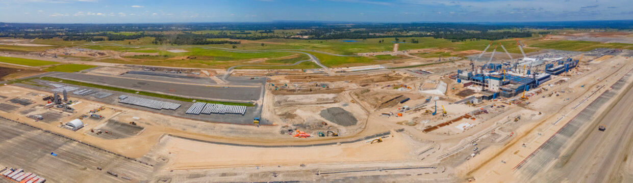 Panoramic aerial drone view of the construction site of the new International Airport at Badgerys Creek in Western Sydney, NSW, Australia taken on 19 November 2022  