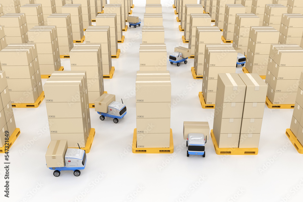 Poster automation warehouse with delivery robots carry boxes