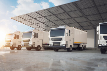 Group of logistic trailer trucks or lorries at warehouse
