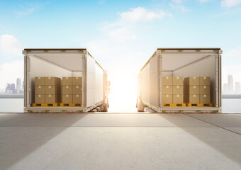 Fototapeta na wymiar Logistic trailer truck or lorry fully loading cardboard boxes