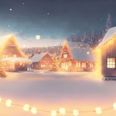 The village full of Christmas atmosphere at night. Illustration about Christmas. Made by AI.