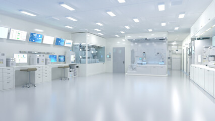 White futuristic digital laboratory interior in semiconductor manufacturing factory