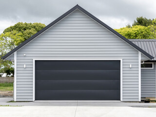 Typical double detached gray garage with black tilt-up retractable raised panel metal door and...